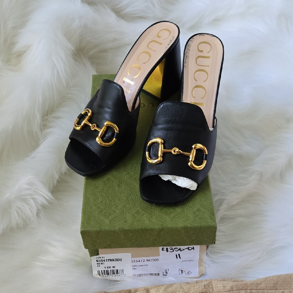 Gucci Black and Gold Horsebit Mules